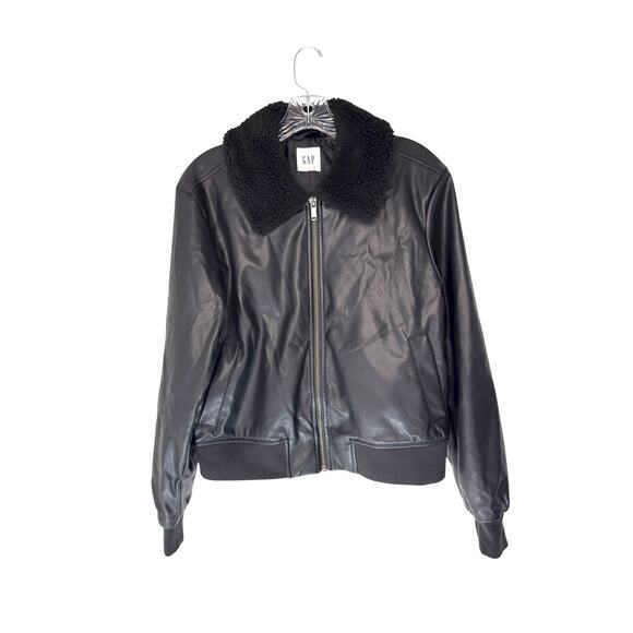 Gap Faux Leather Bomber Jacket Black Punk Emo Casual Sherpa Collar Small - Picture 1 of 12